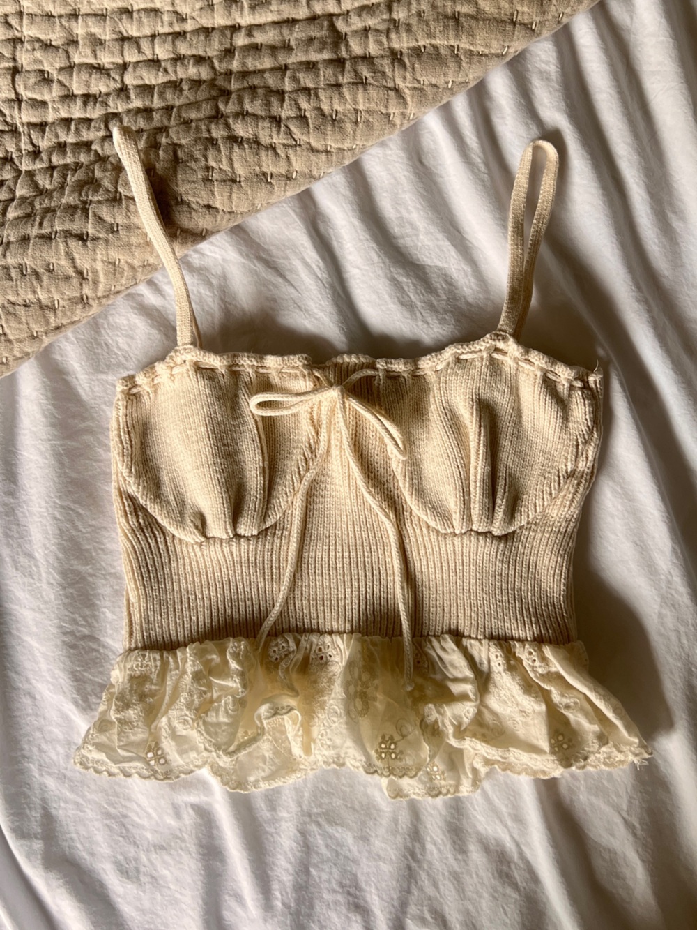 Zara Cream Ribbed Knit Crop Top with Crotchet Tie and Lace Trim